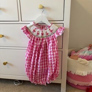 Pink Smockingbird Embroidered Flamingo Romper Size 2